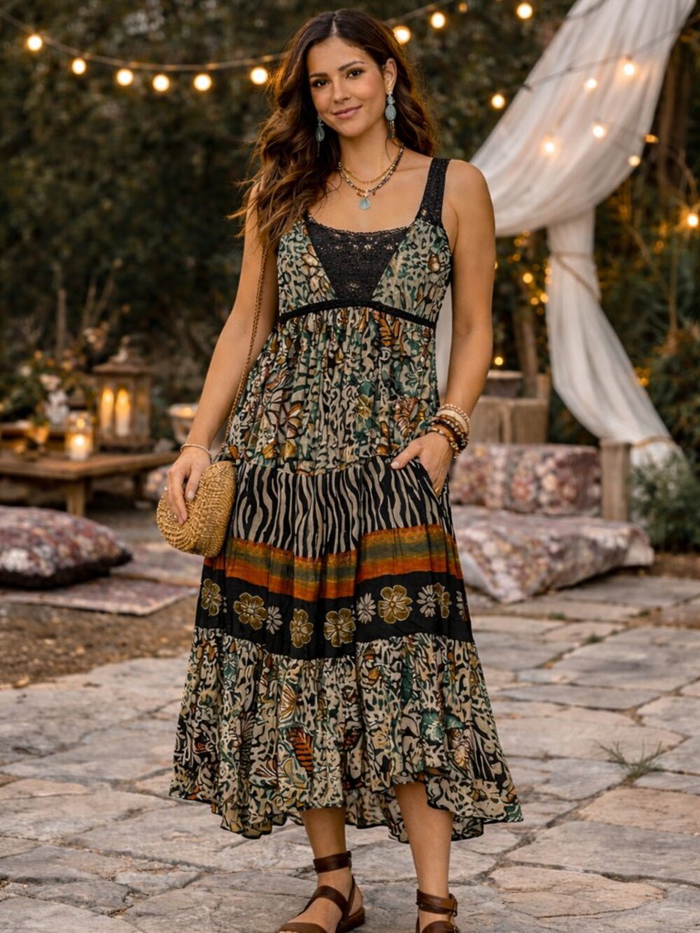 Forbidden Boho Patchwork Maxi Dress Lace Bodice Festival Size Small